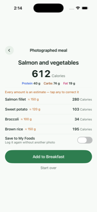 A photographed meal resolved into salmon, sweet potato, broccoli and brown rice with estimated weights