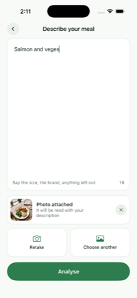 Describing a meal in words with a photograph attached below it, ready to analyse