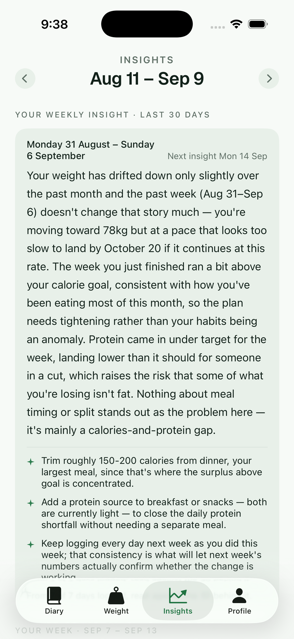 Tare's weekly insight: a written paragraph on the week's weight, calories and protein, followed by three specific changes to make
