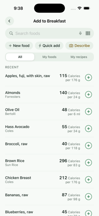 Searching foods to add to breakfast: recently eaten items listed at the amount you last had, with microphone and barcode buttons in the field